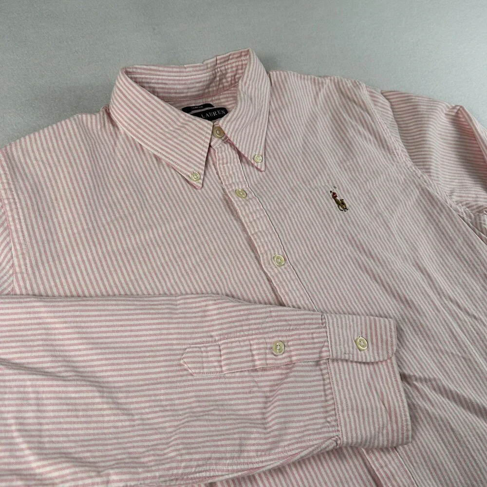 Ralph Lauren Shirt Boys 12 Pink Striped Button Down Long Sleeve Flesh Pony Logo